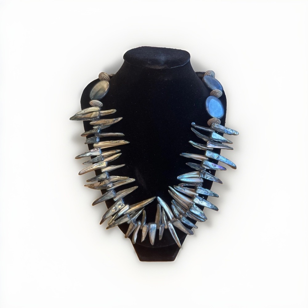 VTG Mother Of Pearl Stick Spike Statement Necklace Iridescent Blue Grey Collar
